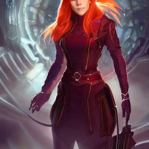 Prompt: barbara gordon in destiny warlock robes, beautiful face!!!!, 2 7 years old, long strawberry red blonde hair, cg animation, realistic, character select portrait, by artgerm, greg rutkowski, alphonse mucha, 3 d