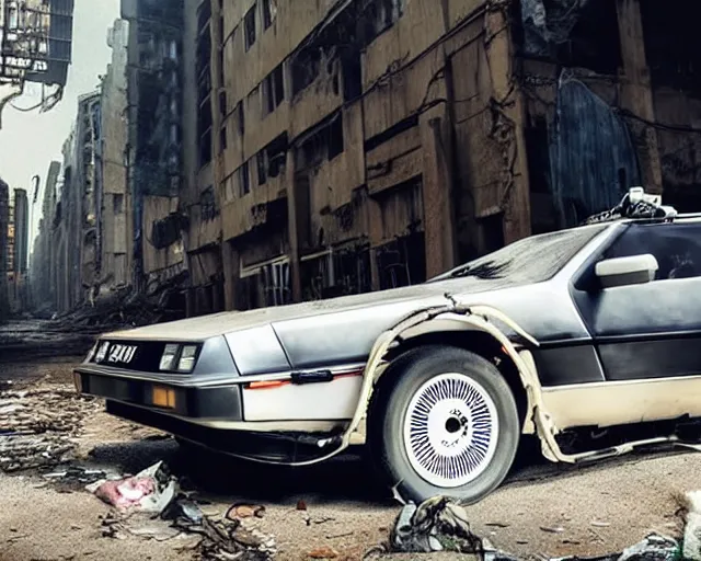 Prompt: doc brown and the delorean in an abandoned city, ghost in the shell vibes