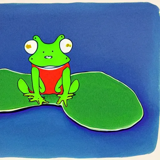 Image similar to cute cartoon gouache children’s book illustration of a frog on a lily pad in a pond