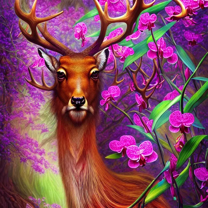 Prompt: extremely psychedelic animal made of orchid and cherry blossom tree and mushroom, elk, gazelle, LSD, diffuse lighting, fantasy, intricate, elegant, highly detailed, lifelike, photorealistic, digital painting, artstation, illustration, concept art, smooth, sharp focus, art by John Collier and Albert Aublet and Krenz Cushart and Artem Demura and Alphonse Mucha