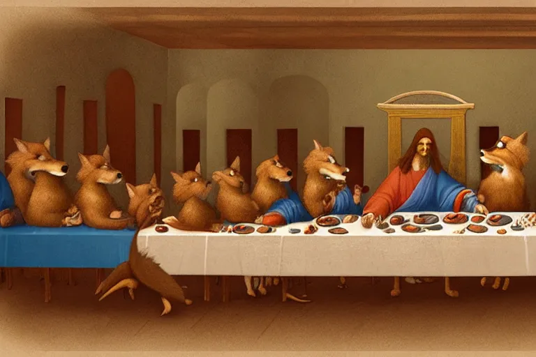 Prompt: The Last Supper with anthropomorphic foxes by Da Vinci, furry art, furaffinity, foxes