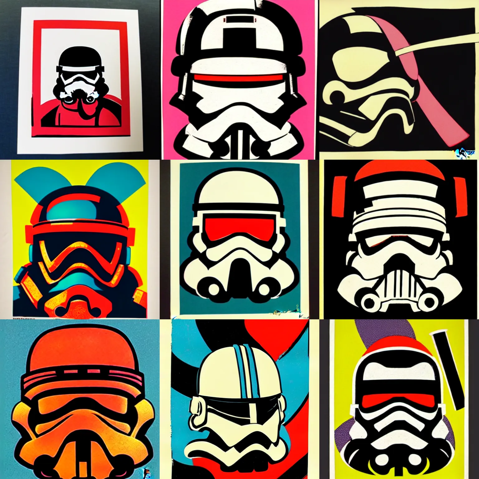 Image similar to a colorful silkscreen print of a samurai stormtrooper helmet by mike mignola