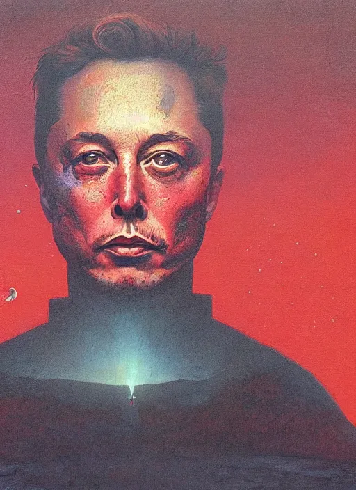 Image similar to A painting of Elon Musk in style of Beksinski. Very detailed