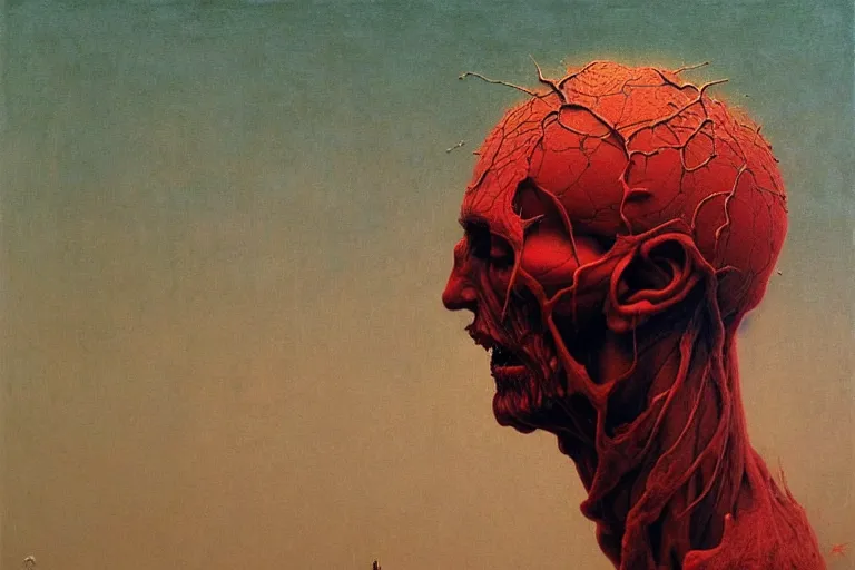 Prompt: head of a man falling apart, in the style of beksinski, intricate and epic composition, red by caravaggio, insanely quality, highly detailed, masterpiece, purple light, artstation, 4 k