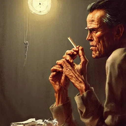 Image similar to a highly detailed epic cinematic concept art CG render digital painting artwork costume design: Henry Fonda as a 1950s tired disillusioned poet, barefoot, smoking one cigarette. volumetric lighting. By Greg Rutkowski, in the style of Francis Bacon and Syd Mead and Norman Rockwell and Beksinski, great attention to proper perfect anatomy, highly detailed, painted by Francis Bacon and Edward Hopper, painted by James Gilleard, surrealism, airbrush, Ilya Kuvshinov, WLOP, Stanley Artgerm, very coherent, triadic color scheme, realistic facial expression, art by Takato Yamamoto and James Jean