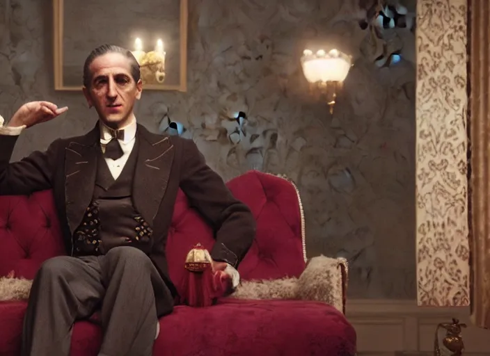 Image similar to a film still of a cosplay of the godfather in the grand budapest hotel ( 2 0 1 4 ), 4 k