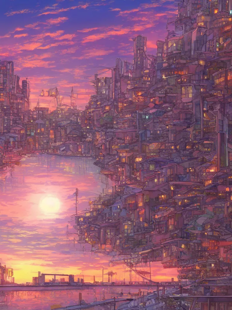 Prompt: a digital art of sunset, a metropolis beside the river, by studio ghibli and hayao miyazaki, highly - detailed, anime, deviantart