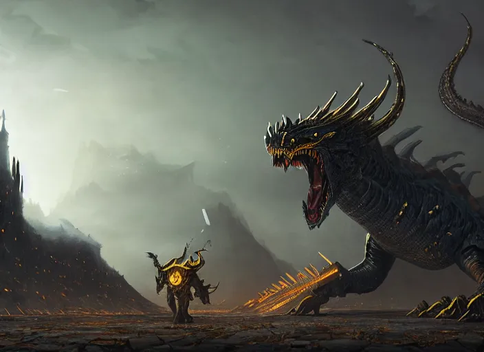 Image similar to giant monstrous black and gold aggressive dragon lurking over a valiant, white-armored man with a gleaming sword, in the foreground a small castle, epic science fiction horror digital matte painting by Simon Stalenhag and Mark Brooks (and Greg Rutkowski), extremely detailed, artstation