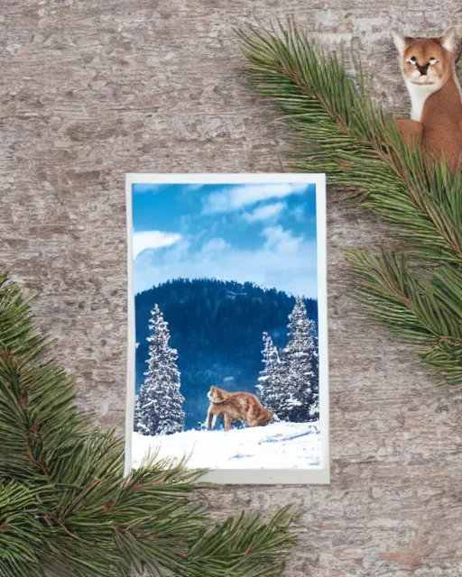 Image similar to postcard showing 'a cougar sleeping in the middle of snowy pine tree' laying on coffee table, zoomed out, HD, iphone screenshot