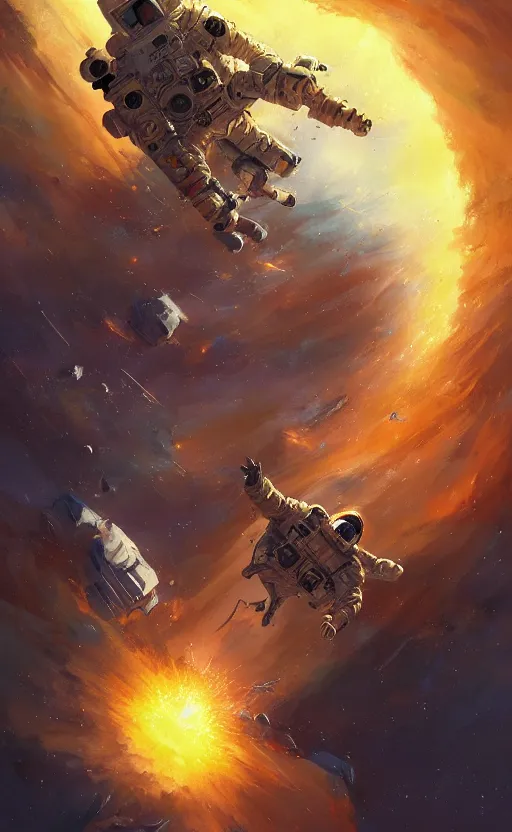 Image similar to a beautiful artwork illustration, astronaut flying around a galactic explosion, by greg rutkowski and jesper ejsing and raymond swanland, featured on artstation, wide angle, vertical orientation