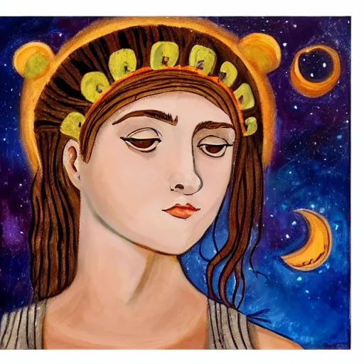 Image similar to beautiful ancient greek girl dreaming of galaxies, painting