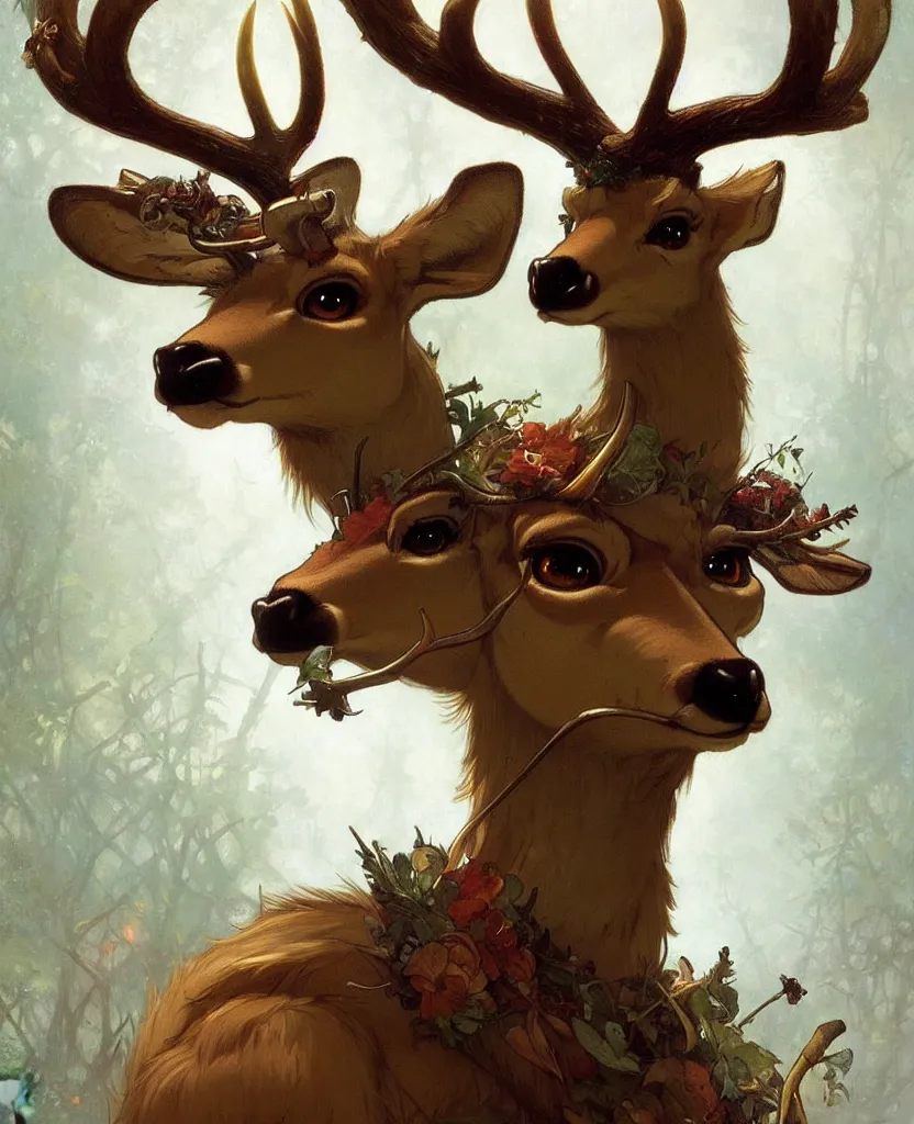 Image similar to anthropomorphic shy and nerdy deer with exquisite antlers. Renowned character illustration by greg rutkowski, thomas kindkade, alphonse mucha, loish, norman rockwell. Trending on FurAffinity.