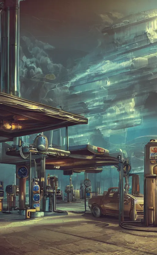 Prompt: steampunk gas station in space, concept art, polished, realistic, hard edges, zoomed in, very coherent, sharp focus, rim light, exquisite lighting, blue gradient, hard edges, sci - fi, cinematic, octane render