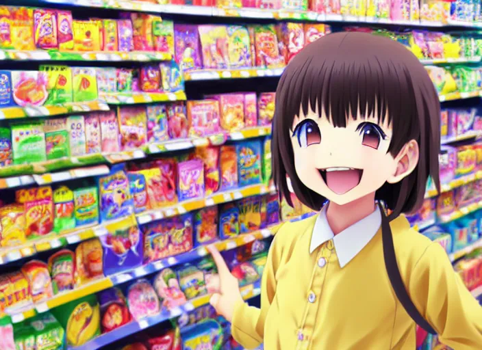 Prompt: anime visual of a happy little girl in a grocery store interior with looking at candy, cute face by ilya kuvshinov, makoto shinkai, kyoani, masakazu katsura, dynamic pose, crisp and sharp, yoshinari yoh, rounded eyes, anime poster, cel shaded, gelbooru, danbooru