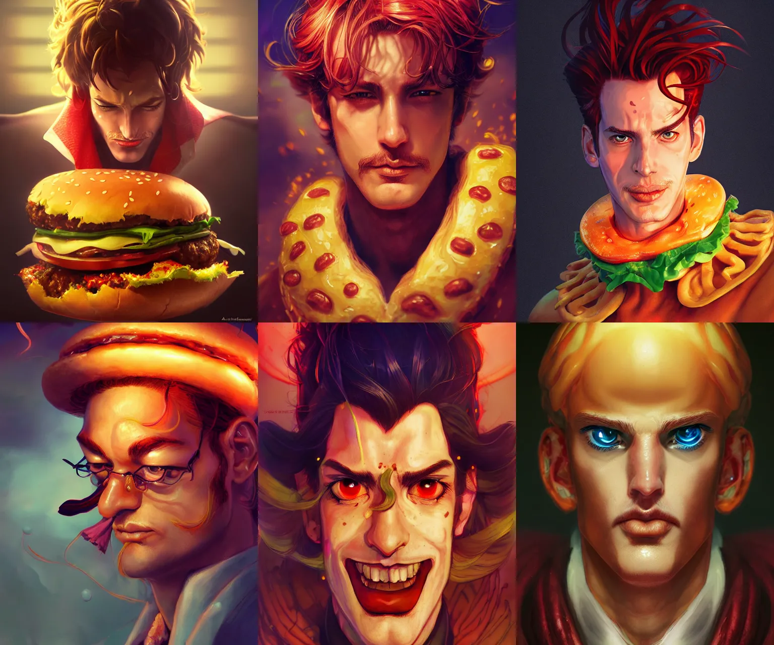 Prompt: portrait of a hamburger king, beautiful, fantasy, colorful, cinematic lighting, artstation, trending, highly detailed, focus, smooth, by hirohiko araki and yoshitaka amano