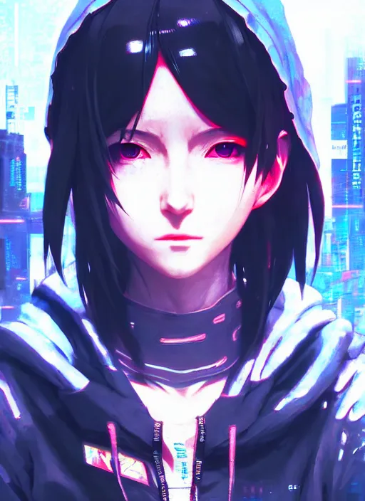 Image similar to cyberpunk anime girl in hoodie, grafity, neonpunk, alita, arcane, fortiche, action, tokyo street, detail, good face, pose model, concept art, in style of yoji shinkawa, pan ren wei, col price, atey ghailan, by greg rutkowski, aesthetic