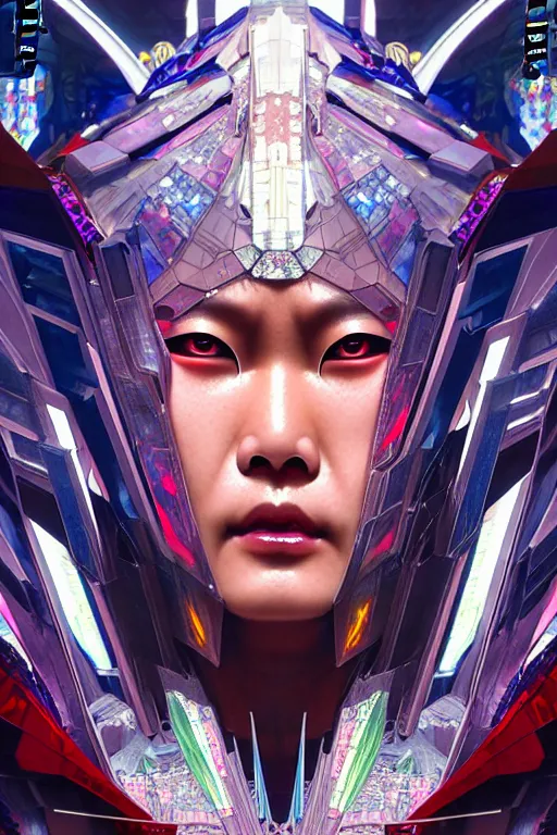 Image similar to akira from chinese mythology, hi - tech luciferian synthetic, gorgeous and huge head ornaments, dystopian, cyberpunk, mecha, halfturn portrait of a big crystal face made of crystals half - turn, ominous, intricate, studio, art by anthony macbain + greg rutkowski + alphonse mucha, concept art, 4 k, sharp focus