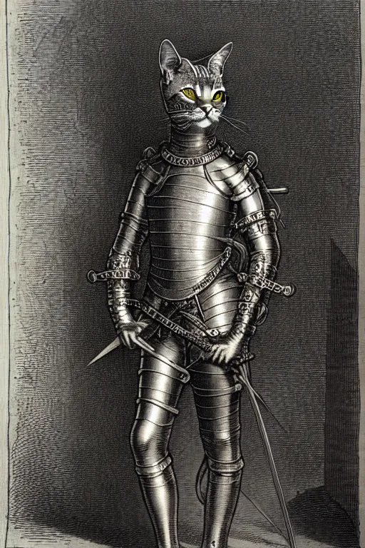 Prompt: engraving portrait of humanoid cat in medieval armoury by gustave dore