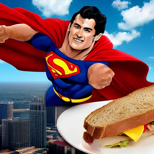 Prompt: Superman eating a sandwich flying over Florida