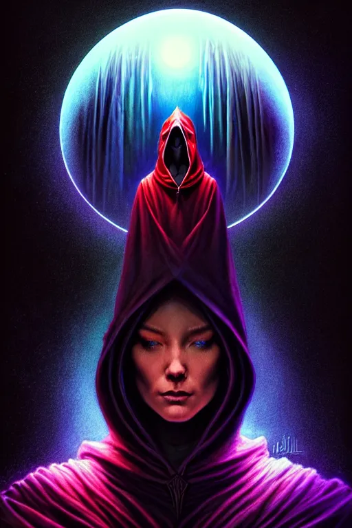 Prompt: wizard in a hooded cloak gazing into a crystal ball, high details, intricately detailed, by vincent di fate, artgerm julie bell beeple, inking, 3 color screen print, masterpiece, trending on artstation, cinematic composition, dramatic pose, volumetric lighting, sharp, details, hyper - detailed, hd, 4 k, 8 k