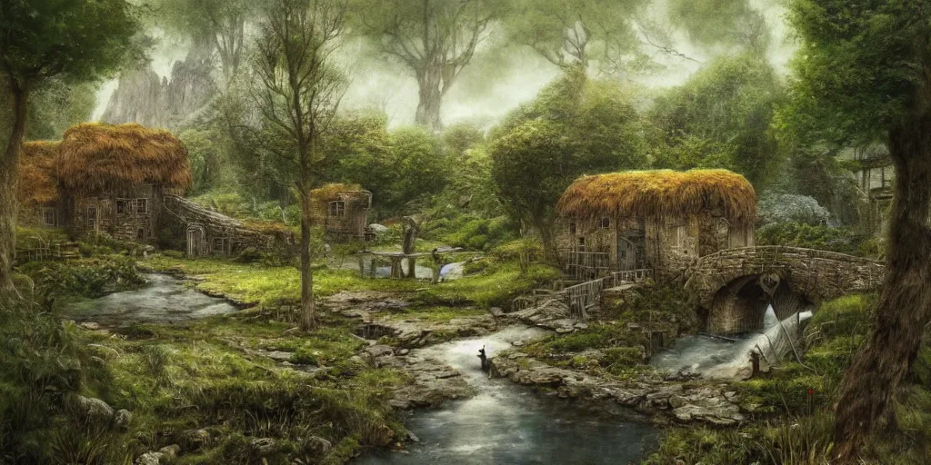 Image similar to a small surreal serene fantasy village on the edge of the woods, small stream, water wheel, by alan lee, lord of the rings, smooth, detailed terrain, oil painting, matte painting, concept art, trending on artstation