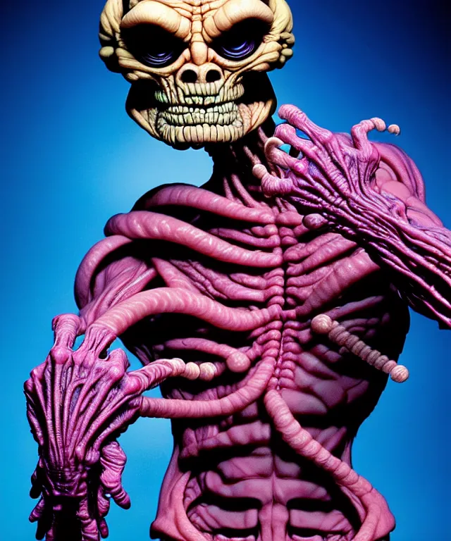 Image similar to hyperrealistic rendering, cronenberg flesh monster skeletor by art of skinner and richard corben and jeff easley, product photography, action figure, sofubi, studio lighting, colored gels