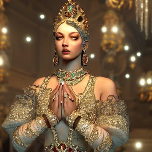 Image similar to portrait of pretty princess with perfect skin, glowing, ornate and intricate diamond jewelry, jaw dropping beauty, ornate and intricate backdrop, white accent lighting, hyper detailed, 4 k octane render