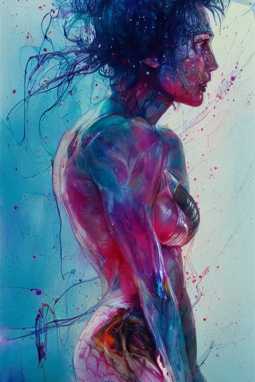 Image similar to gal gadot by agnes cecile enki bilal moebius, intricated details, 3 / 4 back view, full body portrait, extremely luminous bright design, pastel colours, drips, autumn lights