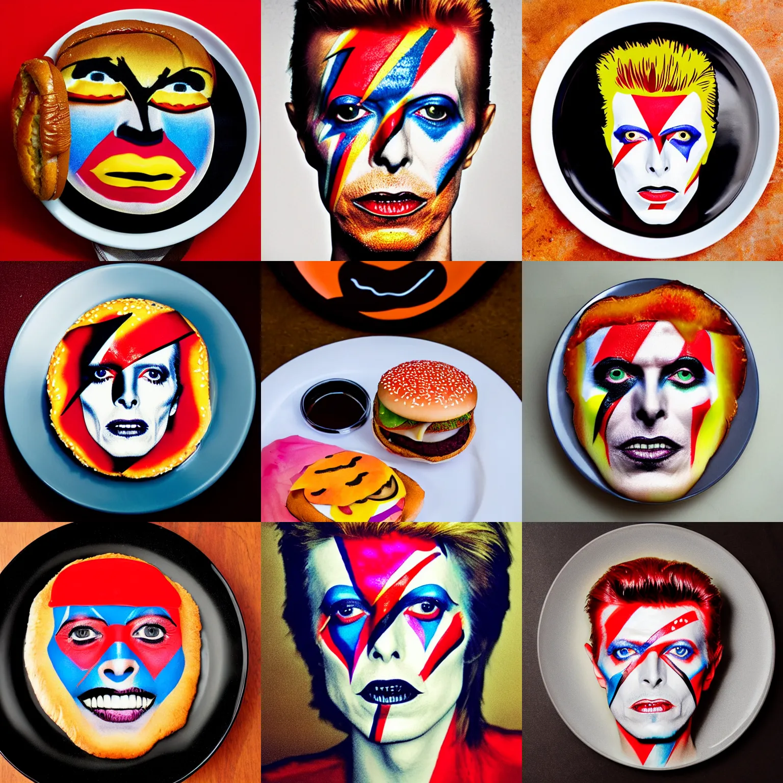Prompt: David Bowie face paint cheeseburger, food photography, burger on a plate, 33mm