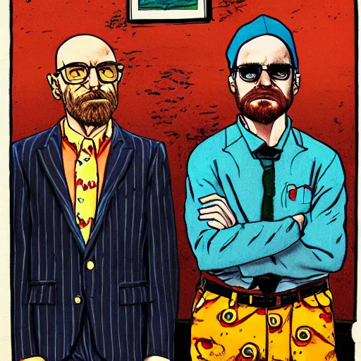 Image similar to The Artwork of R. Crumb and his Cheap Suit Breaking-Bad-Jesse-Pinkman, pencil and colored marker artwork, trailer-trash lifestyle