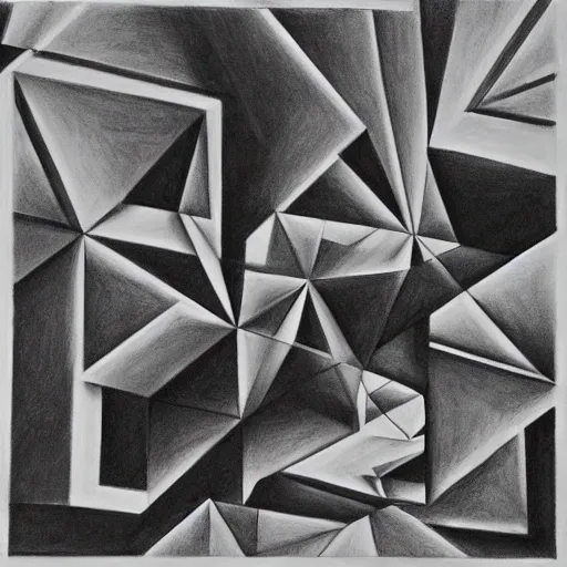 Prompt: Charcoal drawing of impossible geometry in the style of MC Escher