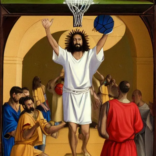 Image similar to Jesus wearing robes dunks a ball in a basketball court, hd