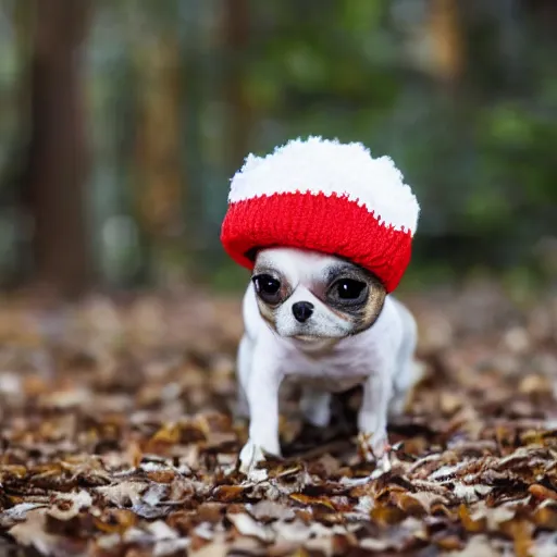 Prompt: a small dog wearing a red and white knitted hat, a stock photo by master of the bambino vispo, shutterstock contest winner, rasquache, stock photo, made of beads and yarn, stockphoto