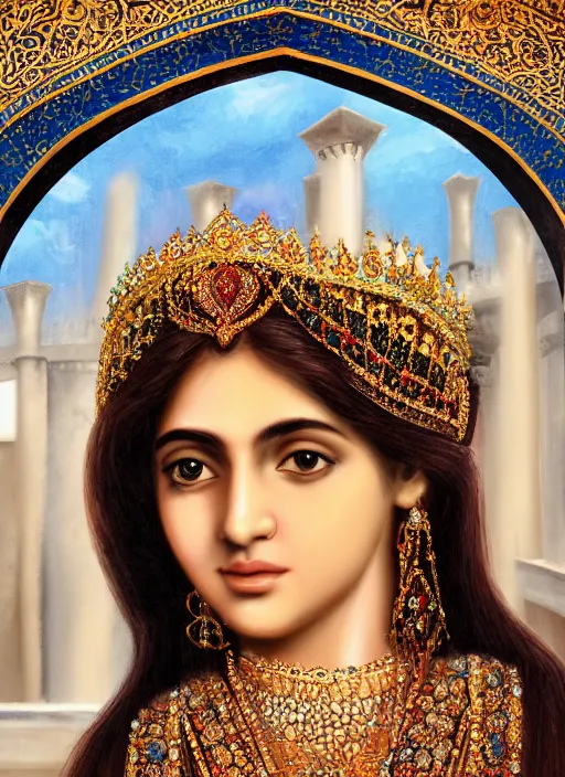 Image similar to beautiful close up portrait of a young Persian queen in Ancient Persia standing on the balcony of a palace, soft sunlight hitting face, realistic, digital art, 4k