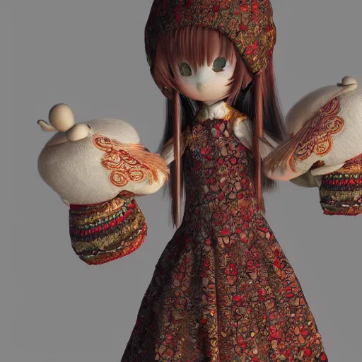 Image similar to cute fumo plush of a fae girl with an intricate ritual dress, magical pattern, vray