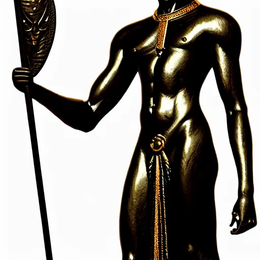 Image similar to a statue of anubis made of black ebony, decorated with gold and enamel,, elegant, epic, detailed, intricate, digital painting, concept art, studio photo, realistic detailed, smooth, focus, rim light