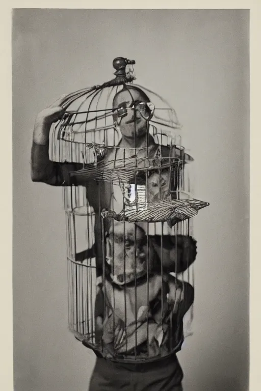 Image similar to ultra realistic vintage photo portrait of a man with a birdcage through his body, by Irving Penn, a birdcage instead of the chest