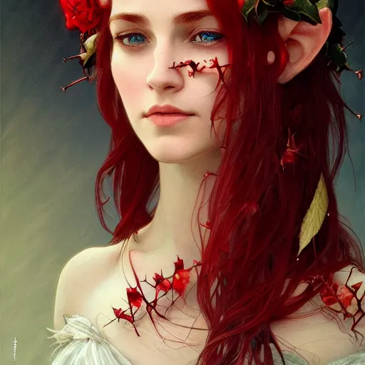 Prompt: portrait of very beautiful elf, rose thorn crown, thorns everywhere, headshot, pale skin, 4k, rule of thirds, extreme detail, detailed drawing, trending artstation, hd, fantasy, D&D, realistic lighting, by Alphonse Mucha, Greg Rutkowski, sharp focus, backlit, bright red hair, elegant