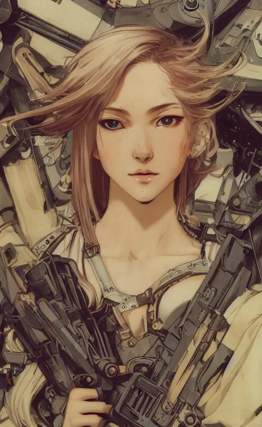 Image similar to shot of mechanized valkyrie, anime style, world war 2, vintage clothing, spread wings, blonde hair, hair down, symmetrical facial features, from arknights, hyper realistic, 4 k, rule of thirds, extreme detail, detailed drawing, safebooru, hd, d & d, realistic lighting, by alphonse mucha, greg rutkowski, backlit