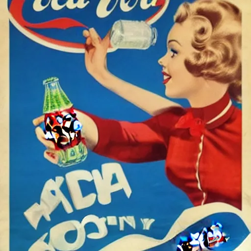 Image similar to pin up poster adverts for coca - cola in the year 2 1 0 0, realistic, futuristic, detailed, real,