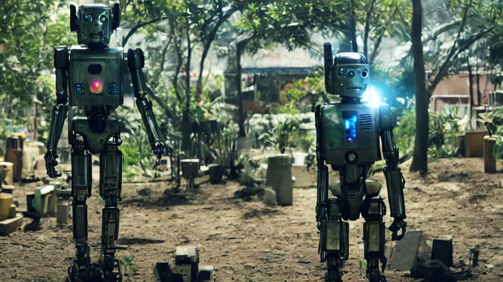 Prompt: film still from the movie chappie of the robot chappie shiny metal outdoor park plants scene bokeh depth of field furry anthro anthropomorphic stylized cat ears head android service droid robot machine fursona