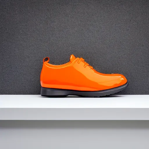 Prompt: an ultra high definition professional studio photograph, 5 0 mm f 1. 4 iso 1 0 0. the photo is set in a plain white room with a plain white plinth centrally located. the photo depicts a fashionable jelly shoe. the colour of the jelly shoe is orange.