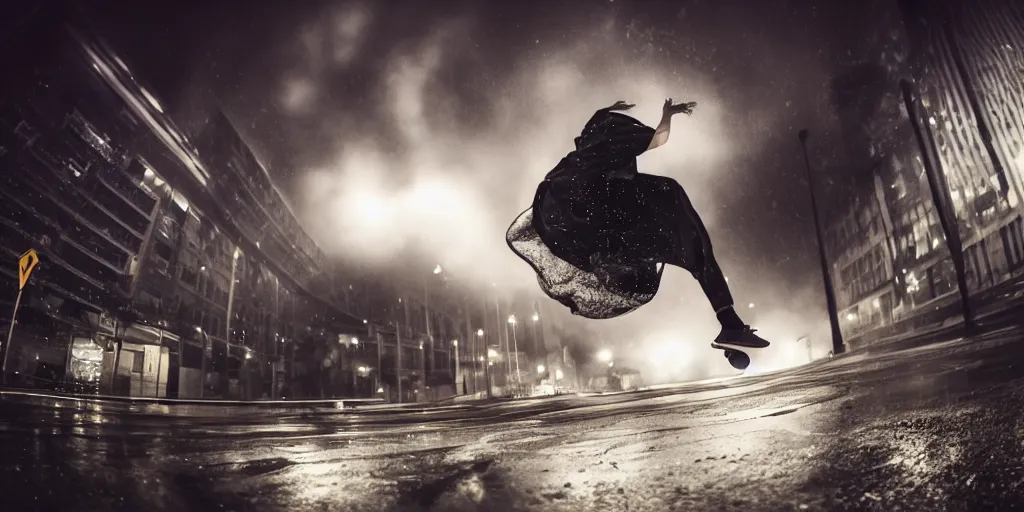 Prompt: fisheye lens slow motion with trail effect of futuristic break dancer wearing floating long dress, long exposure shot , at night in the middle of a rainy street, paddle of water, steam, fog, water splashes, rim lights, glossy reflections, water droplets on lens, octane render, dark and dramatic, explosion in the background, detailed and soft, fisheye lens, smooth, sharp focus, illustration, art by artgerm and greg rutkowski