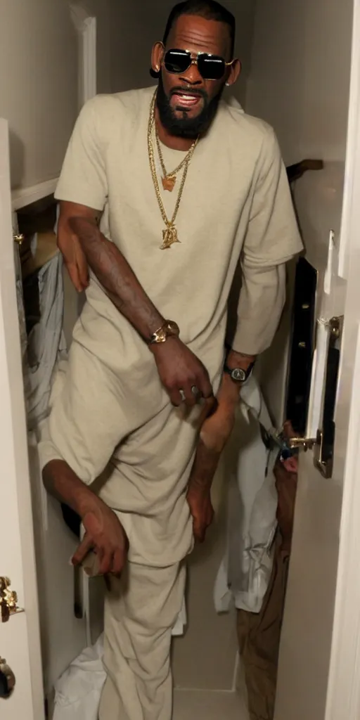 Prompt: r kelly hiding in a closet