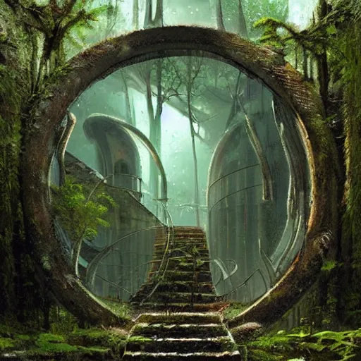 Prompt: stairs leading to a frozen derelict portal in a middle of a snowy lush futuristic forest, green lush world seen only through a portal, daylight, cinematic lighting, blue sky, syd mead, john harris