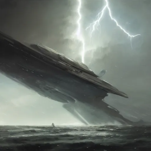 Image similar to star wars concept art by greg rutkowski, a brutalist giant tower in the middle of a raging and stormy ocean, lightning storm and gale force winds, dark environment, dramatic atmosphere, artstation hq.