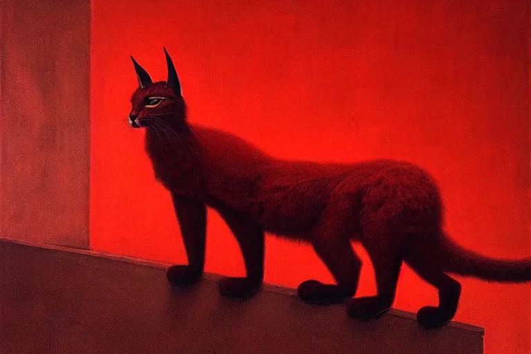 Prompt: only with red, a red cute fluffy caracal, ancient greek city, in the style of beksinski, parts by edward hopper, parts by rodcenko, parts by yue minjun, intricate and epic composition, red by caravaggio, insanely quality, highly detailed, masterpiece, red light, artstation, 4 k