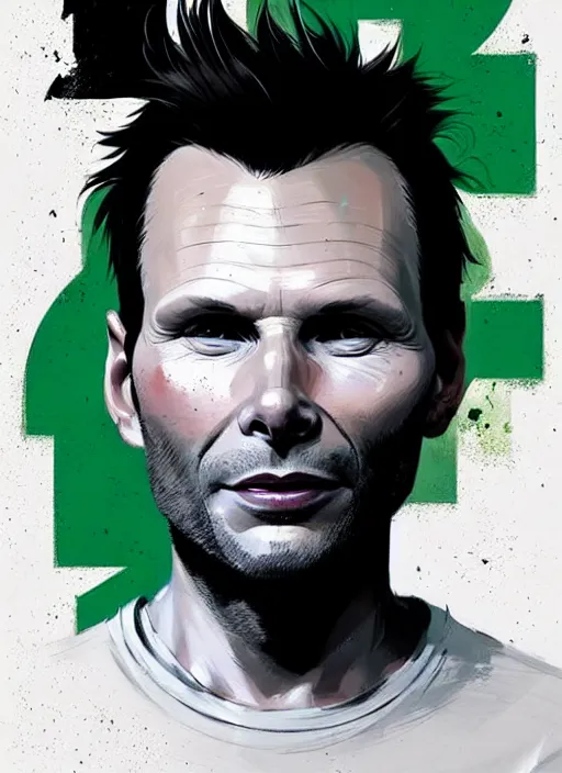 Image similar to highly detailed portrait of beautiful christian slater, stubble, old, as mr robot, grey hair, by atey ghailan, by greg rutkowski, by greg tocchini, by james gilleard, by joe fenton, by kaethe butcher, gradient green, black and white color scheme, grunge aesthetic!!! ( ( graffiti tag wall background ) )