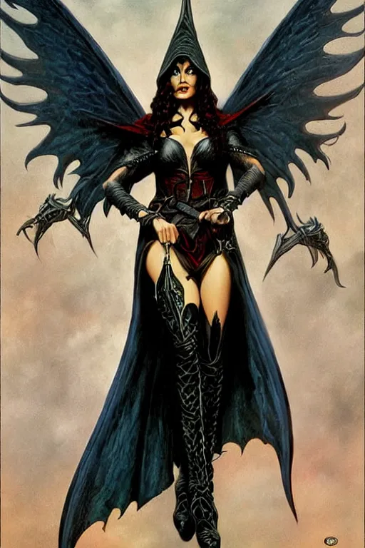 Prompt: a female elven wizard with demon wings wearing thigh-high high-heeled boots, grimdark fantasy by Gerald Brom