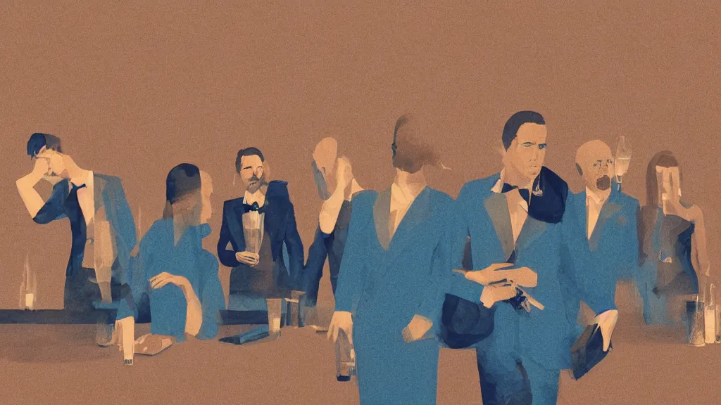 Image similar to A blue neck party at a luxury hotel, in the style of David Lynch, by Wes Anderson, concept art, artstation